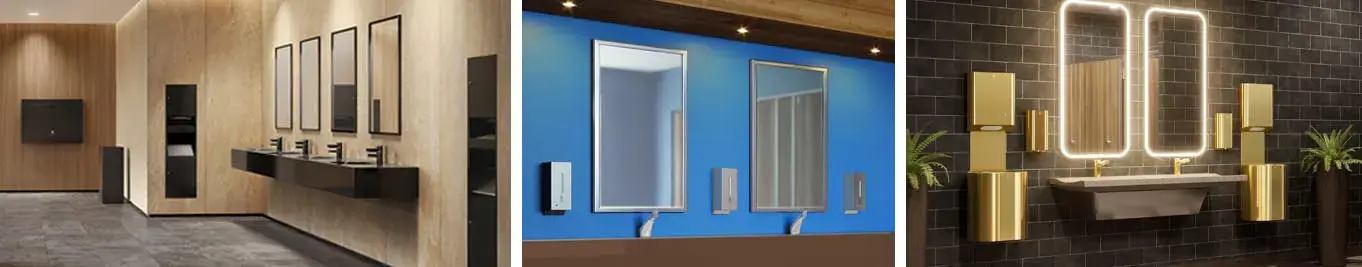 Upgrade your commercial restroom with new sophisticated offerings by major division 10 manufacturers including
Bradley's Elvari Collection, Bobrick's Fino Collection, and ASI's Piatto collection.