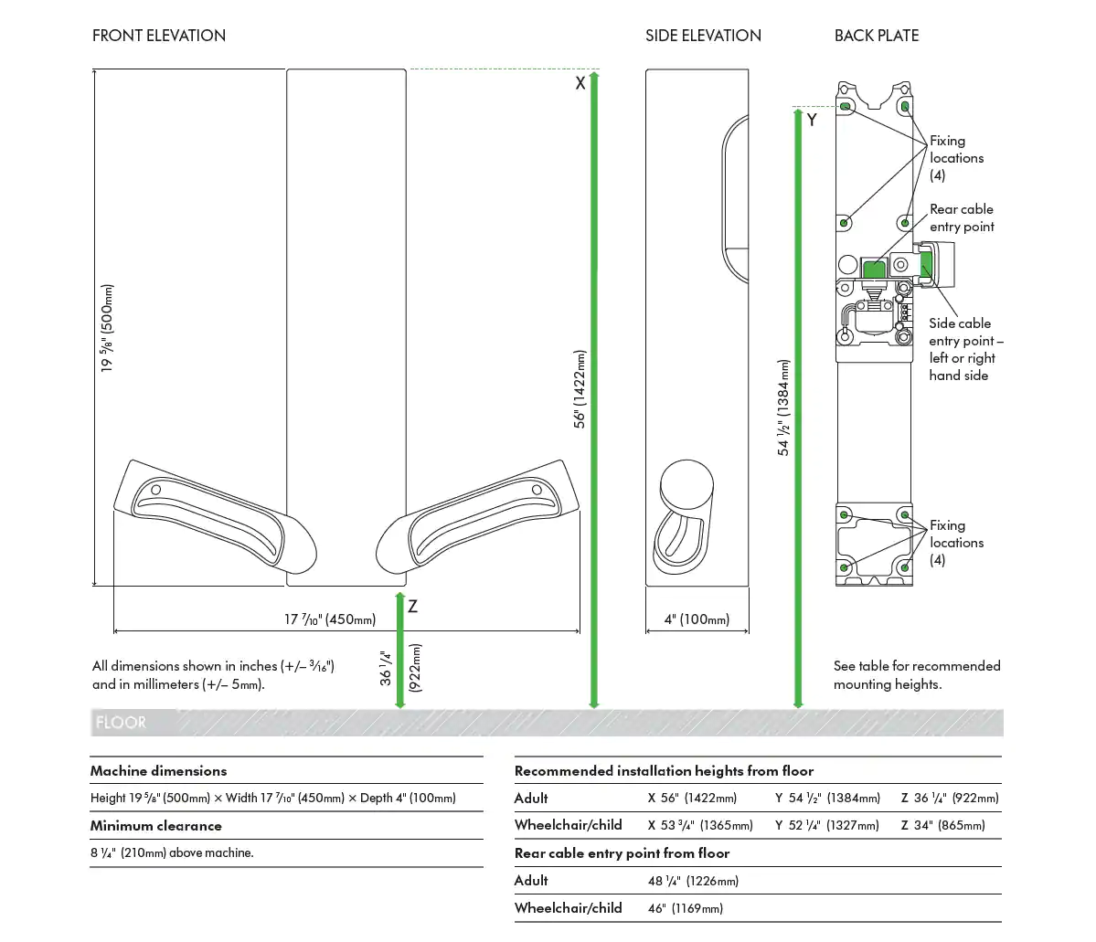 Measurement diagram for Dyson Airblade 9kJ (HU03)