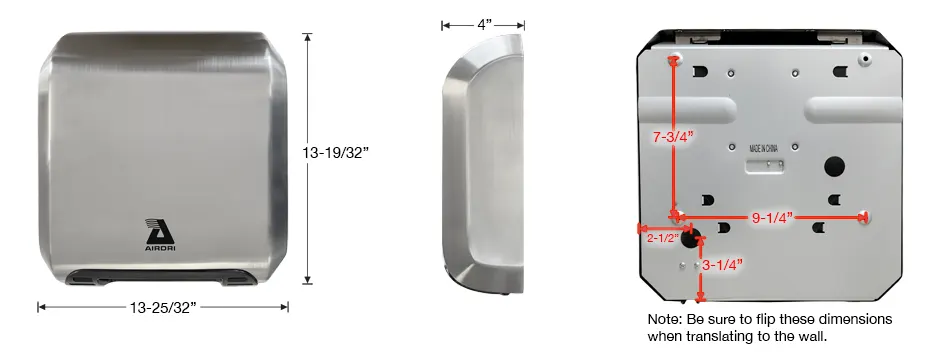 The AirDri HDH-0315C5SSB is approximately 13.75 inches wide x 13.5 inches tall x 4 inches deep.