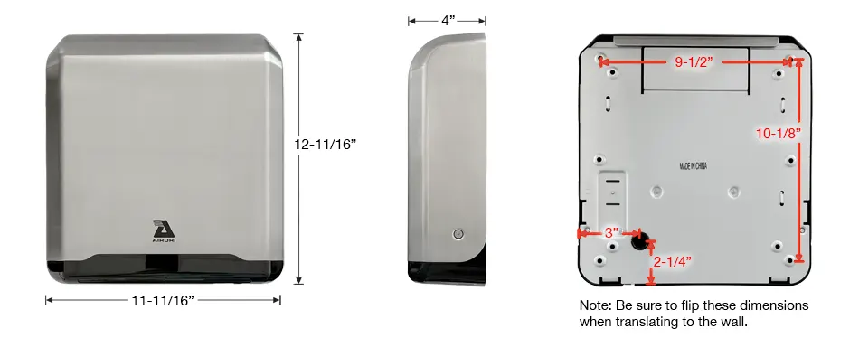 AirDri HDJ-0301A9SSB hand dryer is approximately 11.75 inches wide x 12.75 inches tall x 4 inches deep.