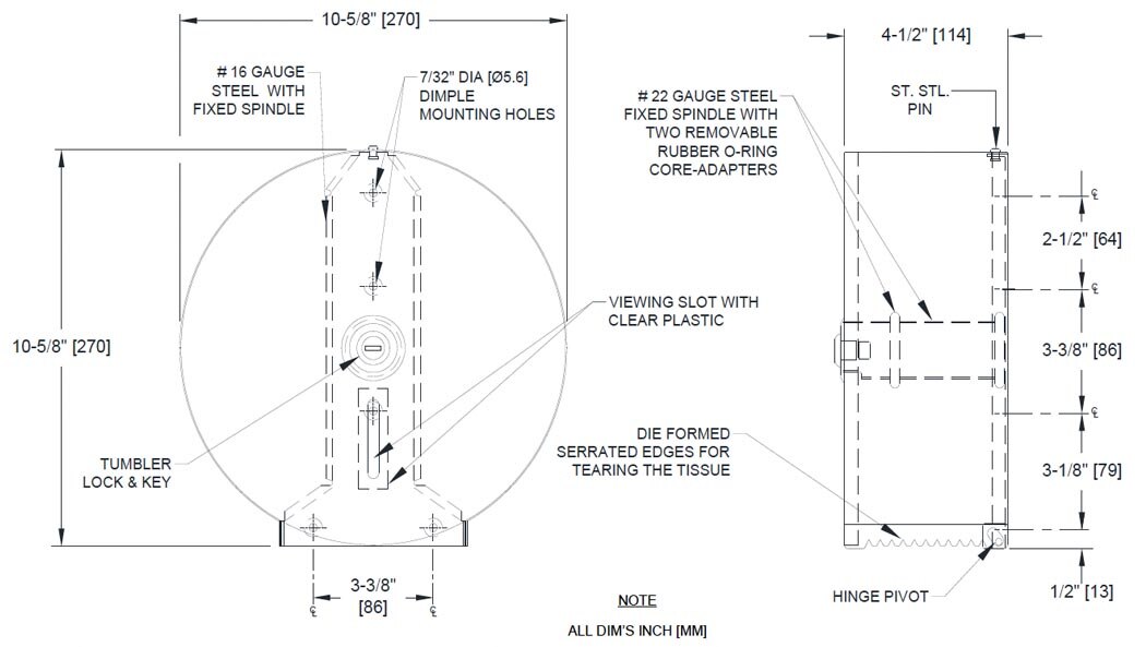 ASI 0042-41 Surface Mount JUMBO Roll Toilet Tissue Dispenser Measurement Diagram