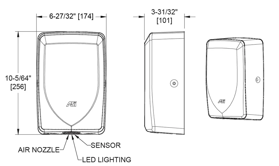 The ASI Turbo-Swift hand dryer is approximately 6.75 inches wide by 10.3 inchess tall by 4 inches deep.