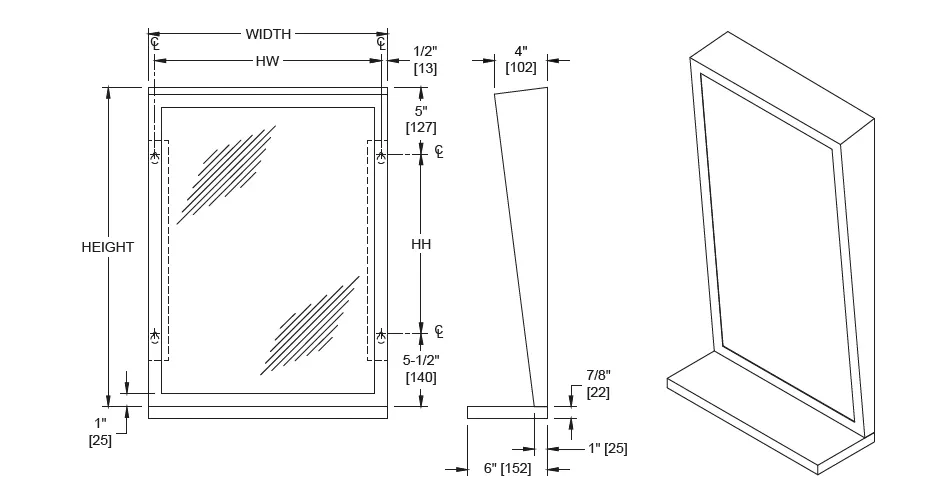 ASI 537-B1630 series mirror is 16 in. Wide x 30 in. Tall x 6 in. Deep (shelf)