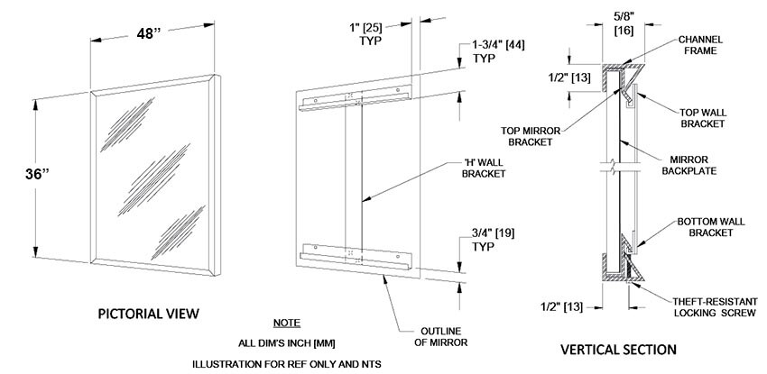 Measurement Diagram for ASI 10-0620-4836 Commercail Stainless Steel Frame Mirror