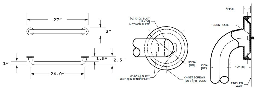 Measurement Diagram for ASI 10-3001-24 Grab Bar