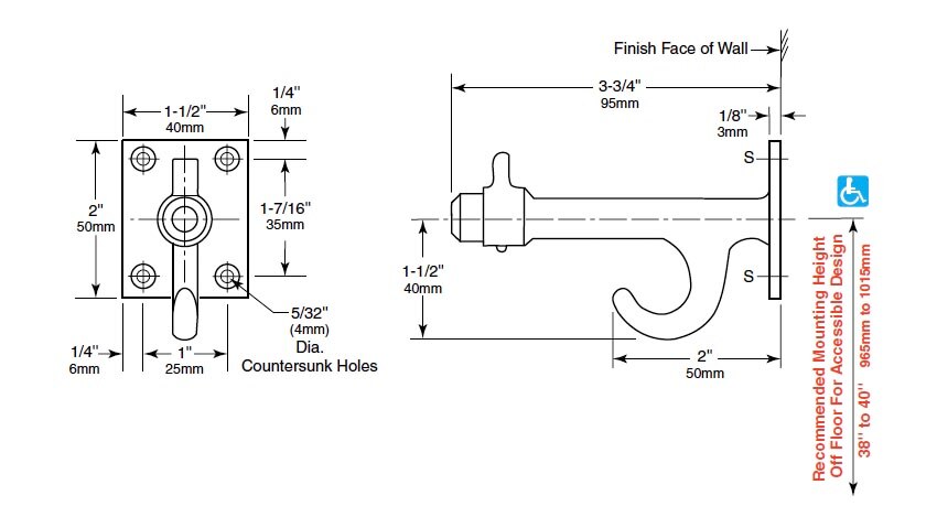 Measurements for Bobrick 212 Coat Hook with Bumper