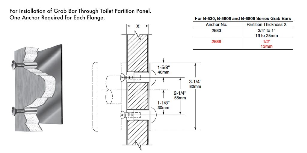 Measurement Diagram for Bobrick B-2586 Fastener for Partitions