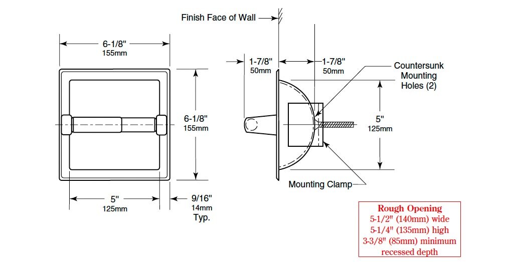 Diagram Showing Measurements for Bobrick B-6677 Toilet Paper Holder