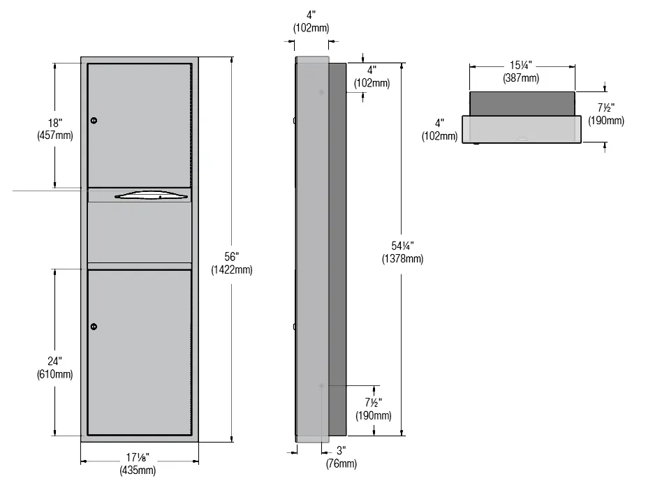 Bradley 238-10 paper towel dispenser is 17.13 inches wide x 56 inches tall and 7.5 inches in depth. It will project 4 inches when installed.