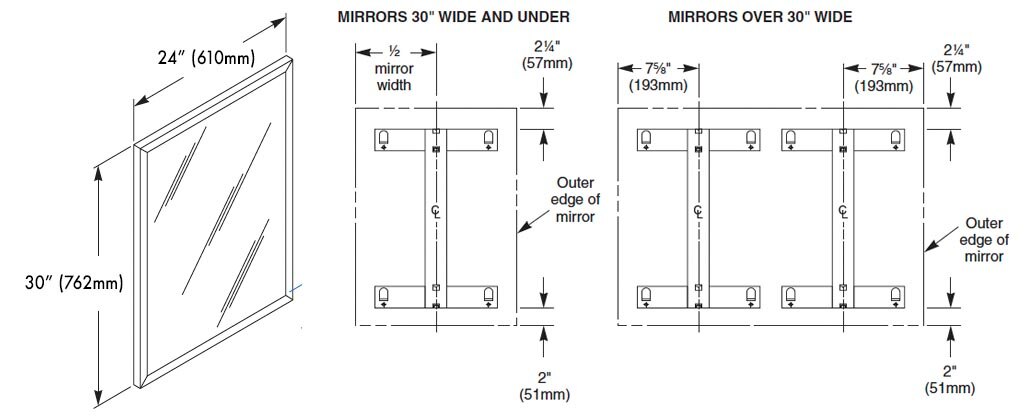 Measurement Diagram for Bradley 781-024300 Commercail Stainless Steel Frame Mirror