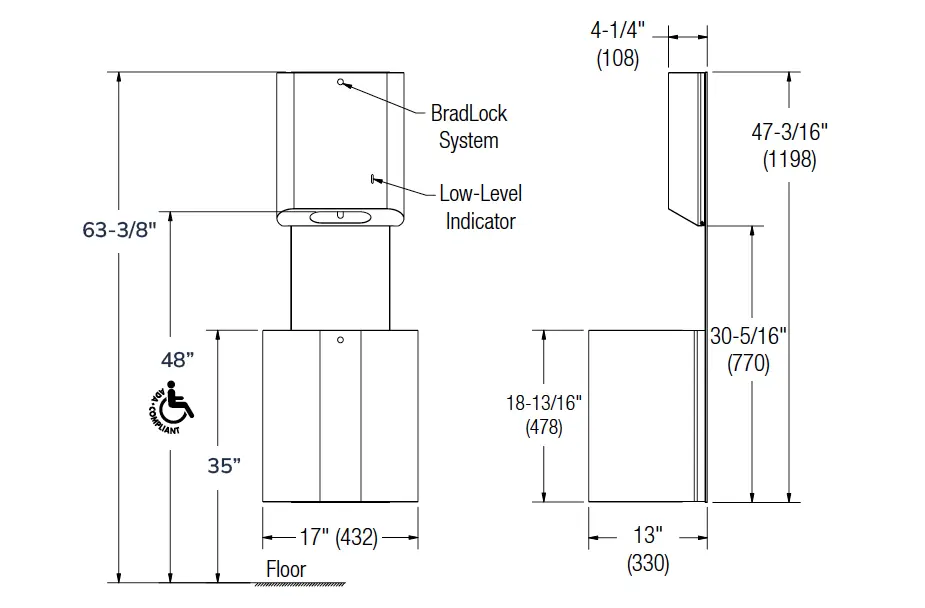 Measurement diagram for Bradley 2B5-110000 Combo Unit