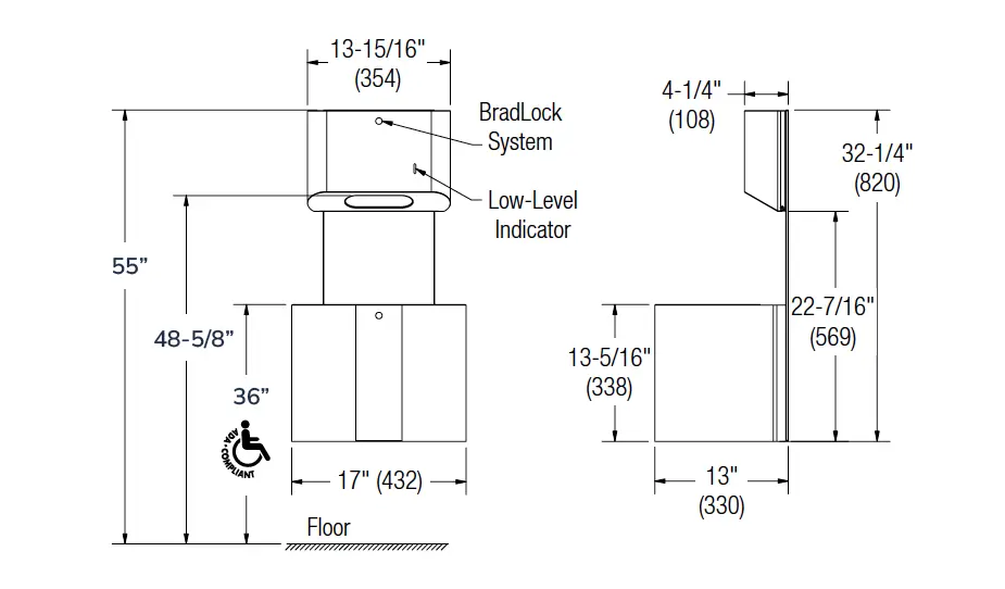 Measurement diagram for Bradley 2B5-113400-BB Combo Unit