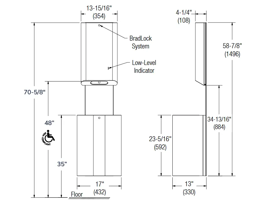 Measurement diagram for Bradley 2B5-113600-BR Combo Unit