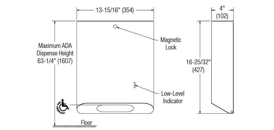 Measurement diagram for Bradley 2B1-110000-BR paper towel dispenser