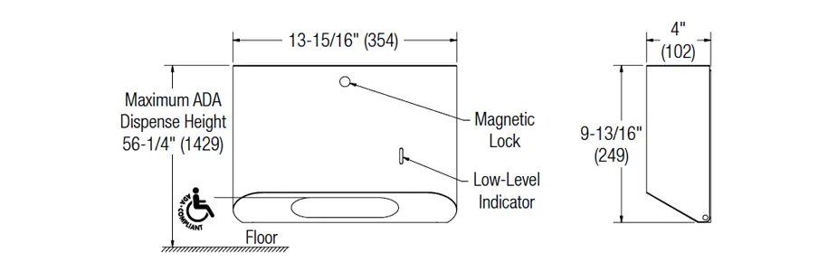 Measurement diagram for Bradley 2B1-113400-BR paper towel dispenser