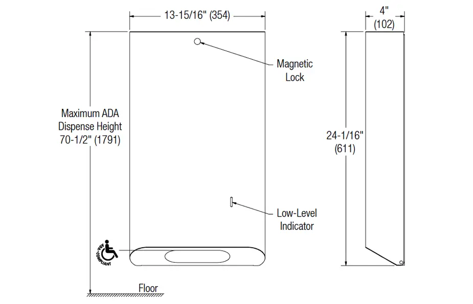 Measurement diagram for Bradley 2B1-113600-BN paper towel dispenser