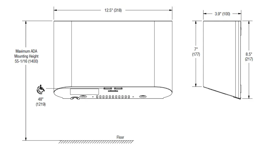 Measurements Diagram for Bradley 2B4-2114900 Hand Dryer