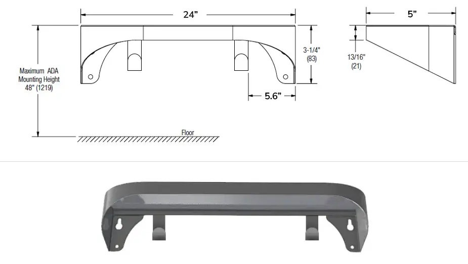 Measurements for Bradley Elvari 24 x 5 Shelf with hooks