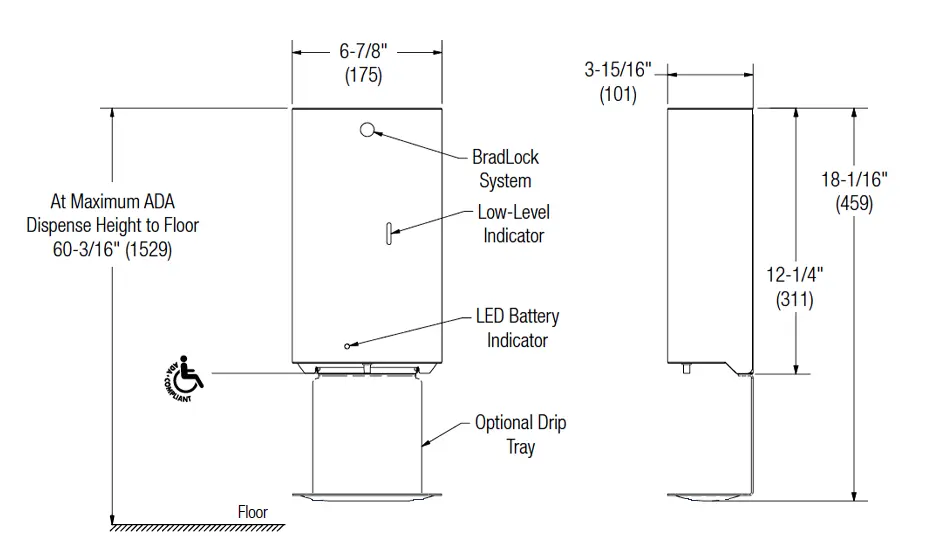 Measurement Diagram for Bradley Elvari 6B1-119300T-BZ Soap Dispenser