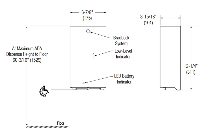 Measurement Diagram for Bradley Elvari 6B1-119300 Soap Dispenser