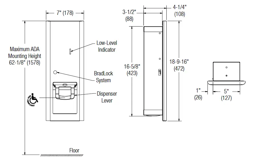 Measurement Diagram for Bradley Elvari 6B1-000000-BZ Soap Dispenser