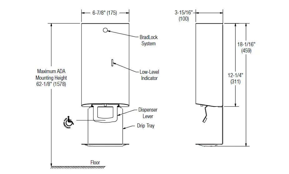 Measurement Diagram for Bradley Elvari 6B1-110000T-BB Soap Dispenser