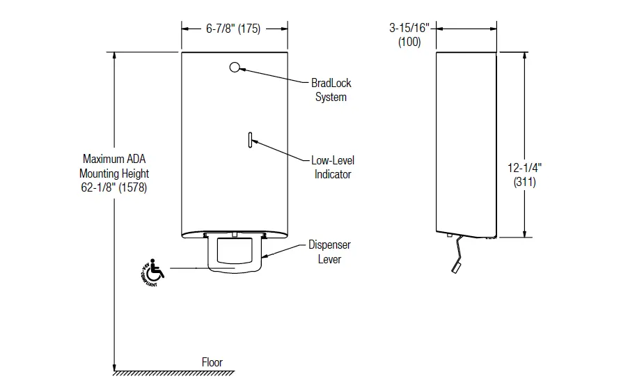 Measurement Diagram for Bradley Elvari 6B1-110000 Soap Dispenser