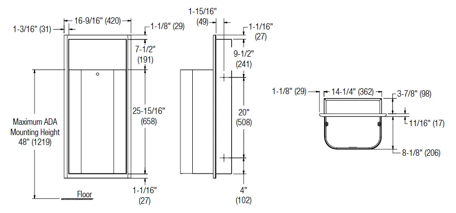 Measurement diagram for Bradley Elvari 3B1-003400 Waste Receptacle