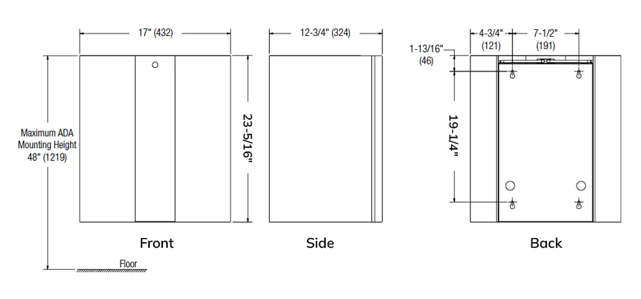 Measurement diagram for Bradley Elvari 3B1-003400 Waste Receptacle