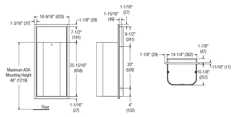 Measurement diagram for Bradley Elvari 3B1-003400 Waste Receptacle