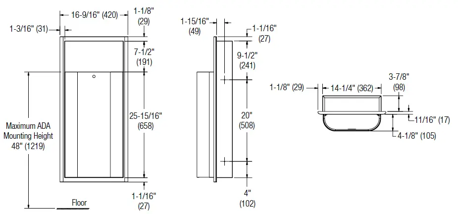 Measurement diagram for Bradley Elvari 3B1-003400 Waste Receptacle