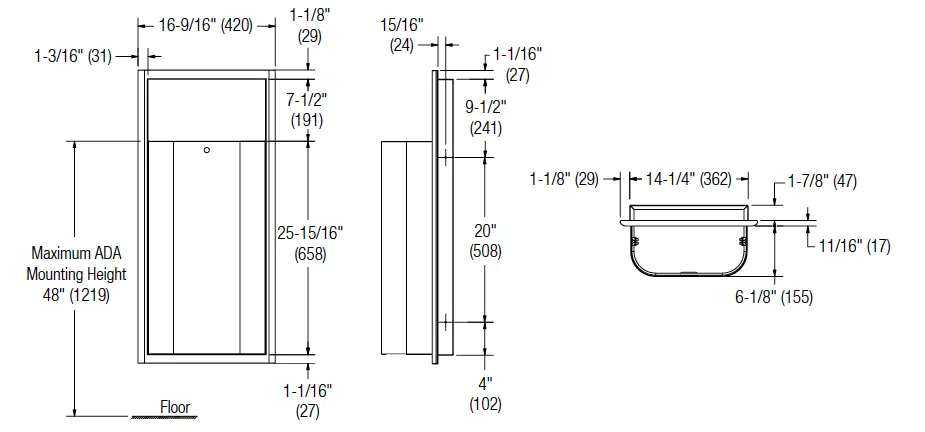 Measurement diagram for Bradley Elvari 3B1-003400 Waste Receptacle