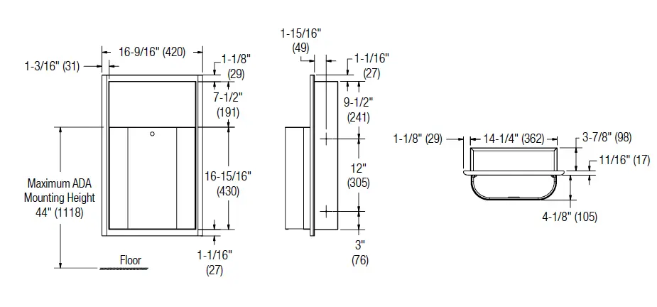 Measurement diagram for Bradley Elvari 3B1-003400 Waste Receptacle