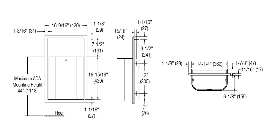 Measurement diagram for Bradley Elvari 3B1-003400 Waste Receptacle