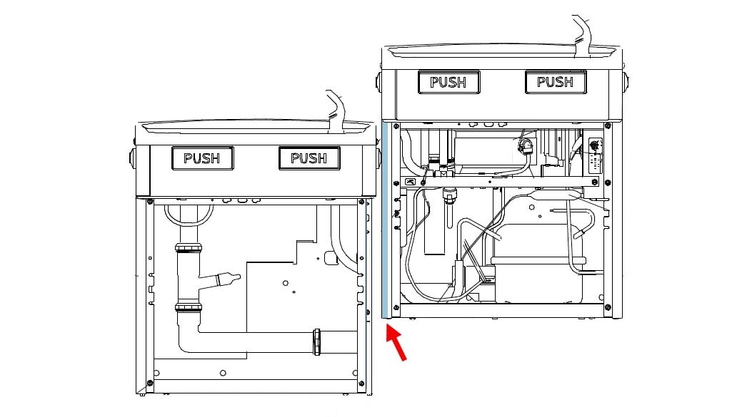 Diagram illustrating where the 28562C panel fits in the Elkay EMABFTLR series bi-level water fountain.