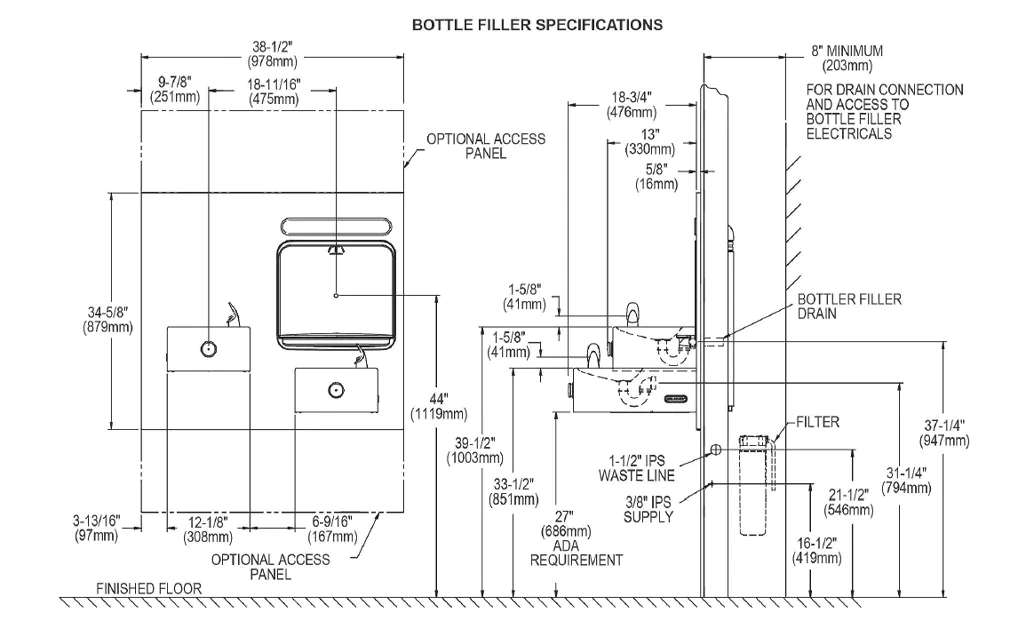 Overall dimensions for LZWS-EDFP217K bi-level water fountain with bottle filler