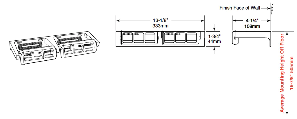 Measurement dimensions for Gamco Surface-Mounted Toilet Tissue Holder, Double Roll , No Roll Control 