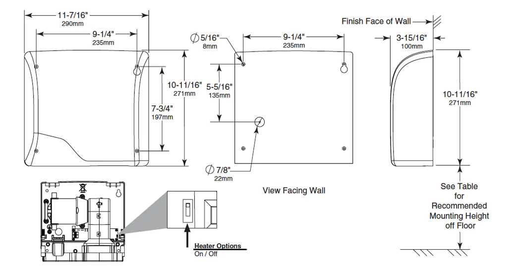 Measurement dimensions for Gamco High Speed Automatic Hand Dryer, White Epoxy Cover, Universal Voltage VAC Input 