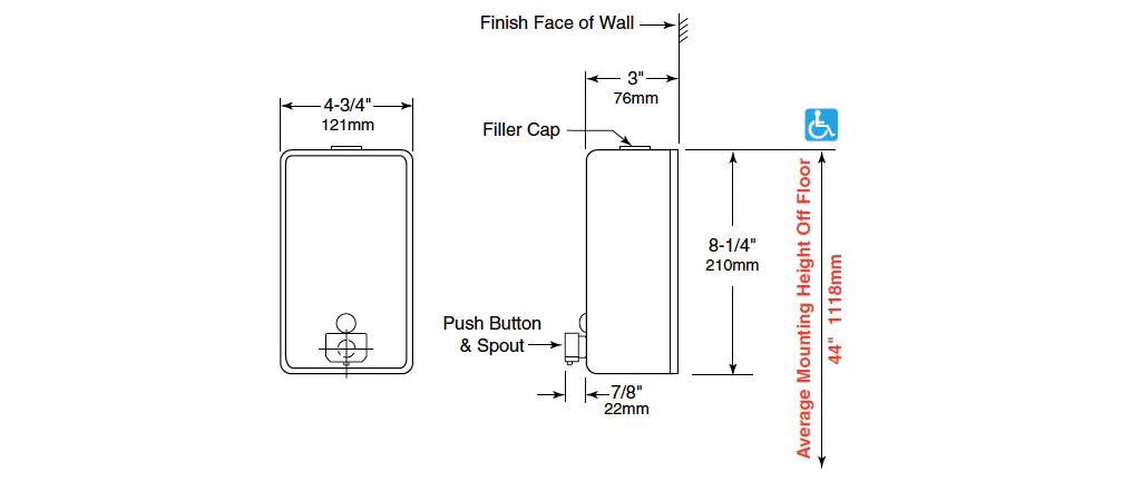 Measurement dimensions for Gamco Surface-Mounted Vertical Format Push Button Soap Dispenser, All-Purpose Valve, 40-fl. oz. 