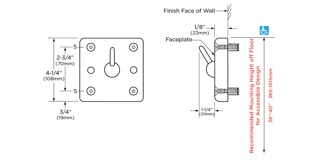 Measurement dimensions for Gamco Maximum Security - Front Mounted Clothes Hook