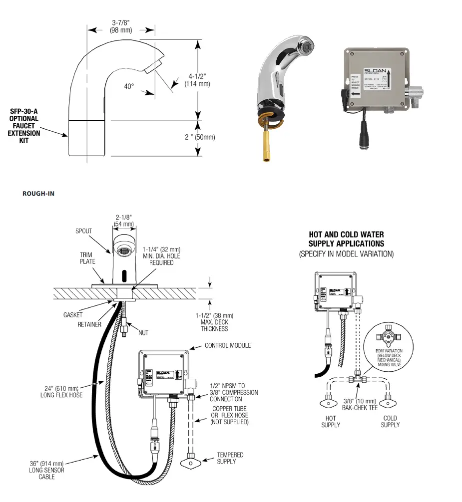 Measurement diagram for Sloan 3362177 SF-2150-4-BAT-BDM-CP-0.35GPM-MLM-FCT Sensor Faucet