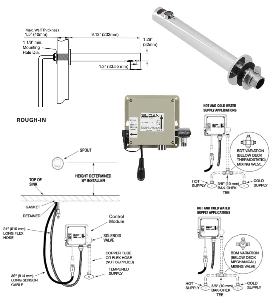 Measurement diagram for Sloan 33621012 SF-2850-BAT-TEE-CP-0.35GPM-MLM-FCT Sensor Faucet