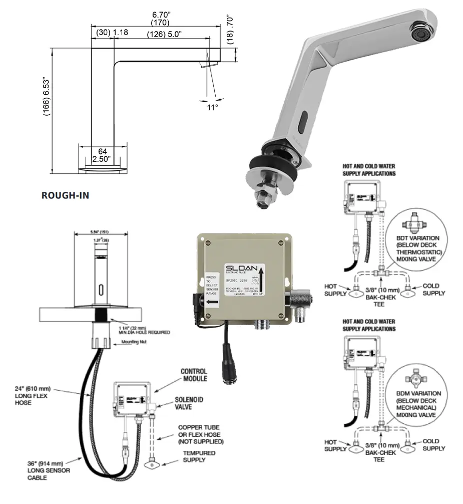 Measurement diagram for Sloan 33621004 SF-2950-4-BAT-BDM-CP-0.35GPM-MLM-FCT Sensor Faucet