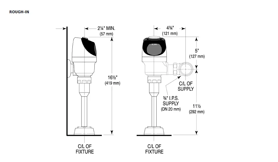 Measurement diagram for Sloan G2 3250288 Automatic Urinal flushometer 