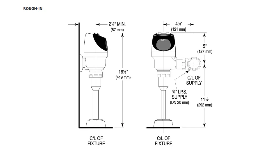 Measurement diagram for Sloan G2 3250299 Automatic Urinal flushometer 