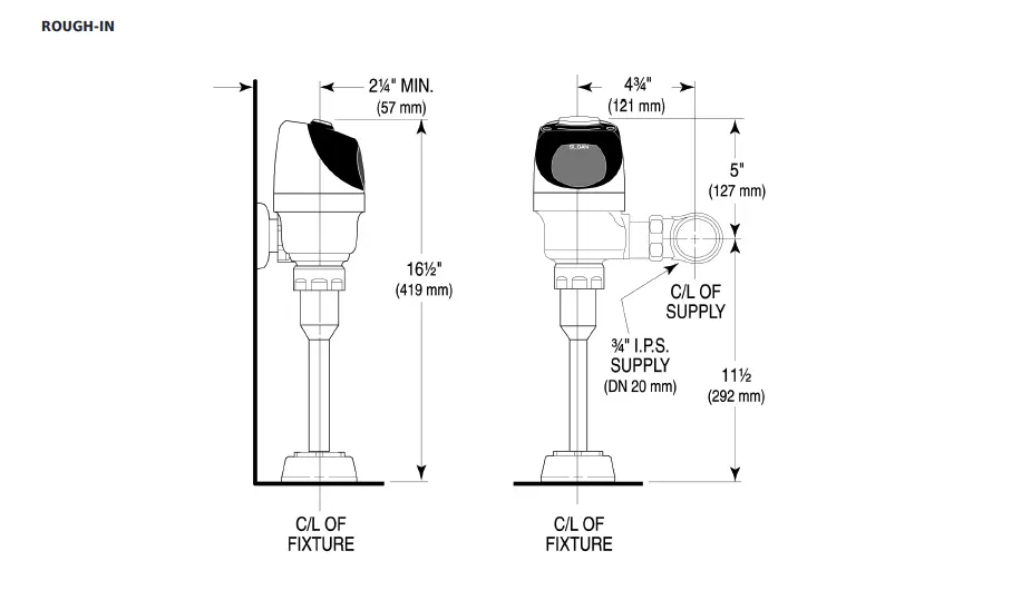 Measurement diagram for Sloan G2 3250311 Automatic Urinal flushometer 