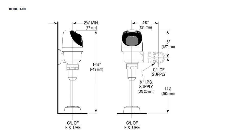 Measurement diagram for Sloan G2 3250375 Automatic Urinal flushometer 