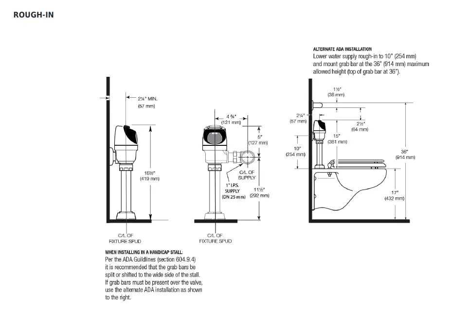 Measurement diagram for Sloan G2 3250411 Automatic Toilet flushometer 