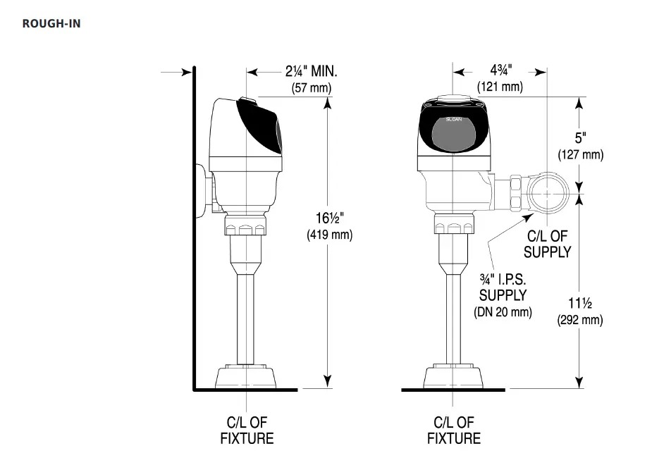 Measurement diagram for Sloan G2 3250447 Automatic Urinal flushometer 