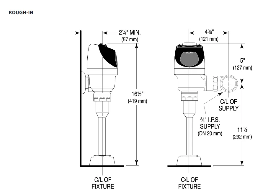 Measurement diagram for Sloan G2 3250477 Automatic Urinal flushometer 